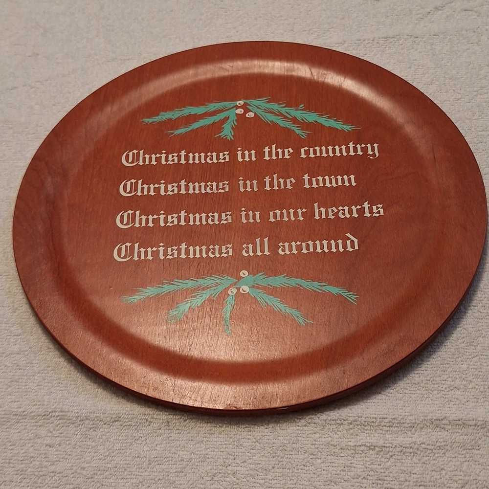 Festive Wooden Christmas Plate with Green Accents